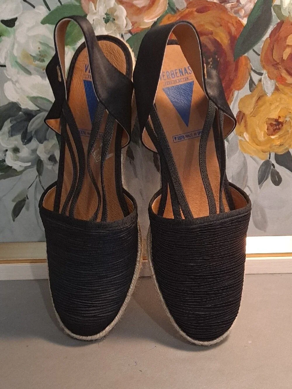 VERBENAS Maika Black Espadrille Slingback Wedge Pleated Jute Spain 41